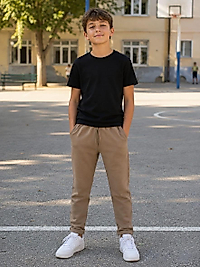 Unisex Bej Çelik Kumaş Double Paça Okul Pantolunu
