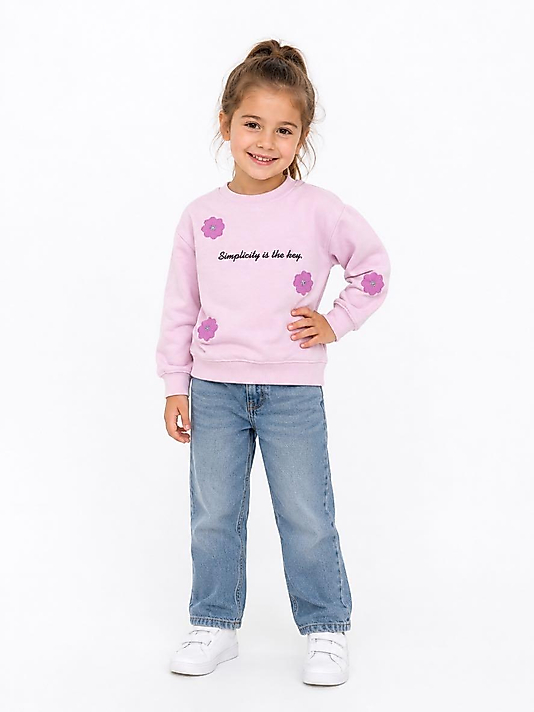 Çiçek Nakışlı Pembe Sweat