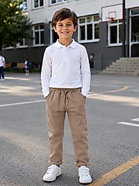 Unisex Bej Double Paça Okul Pantolunu