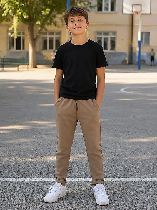 Unisex Bej Çelik Kumaş Double Paça Okul Pantolunu