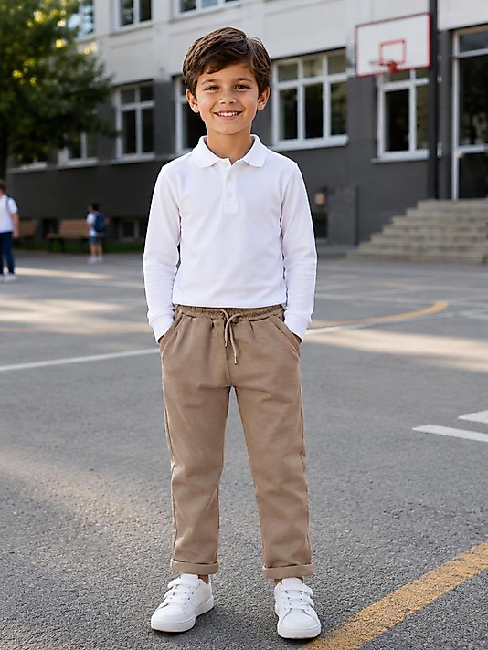 Unisex Bej Double Paça Okul Pantolunu